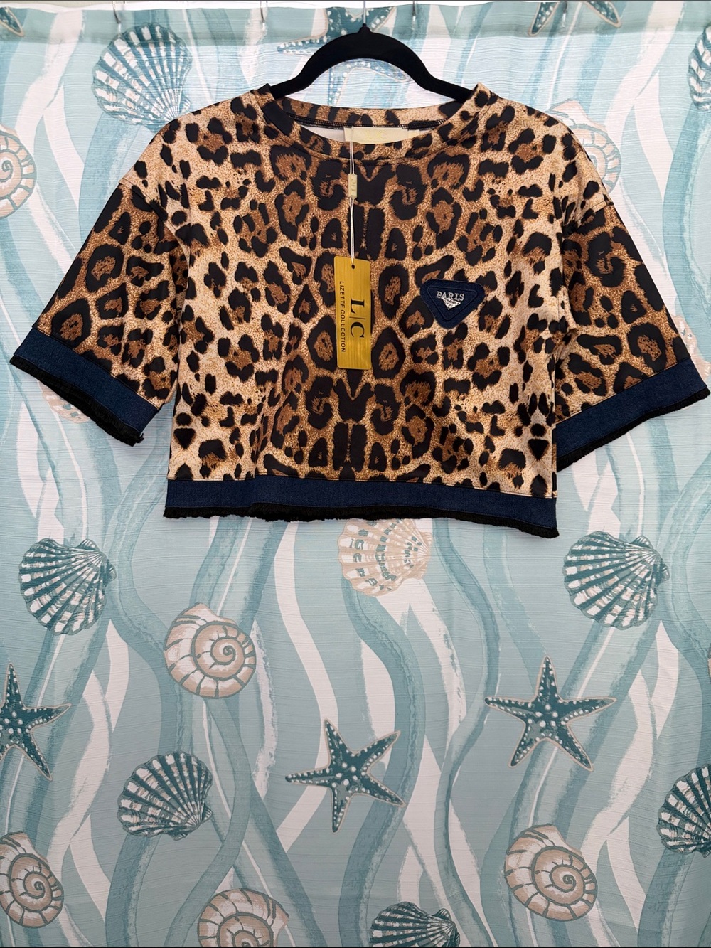 Leopard Print Cropped Tee with Navy Trim